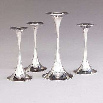 TAPIO WIRKKALA, A Set of Four Trumpetti silver candlesticks, marked TW, Kultakeskus 1987 and 1988.