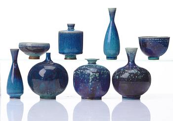 Berndt Friberg, a set of six stoneware miniature vases and two bowls, Gustavsberg studio, Sweden 1960-70's.