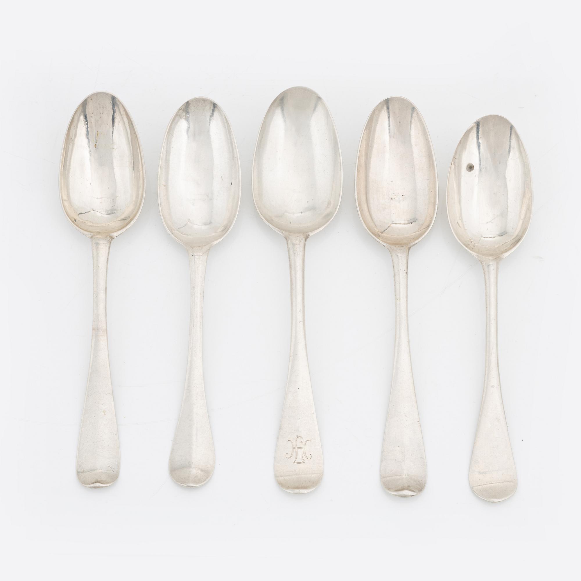 Five swedish silver spoons, 18th century.