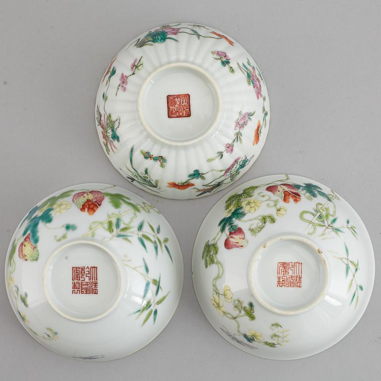 A set of three famille rose bowls, China, 20th Century.