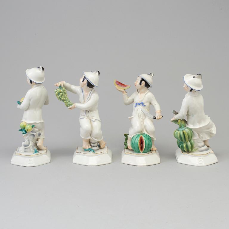 A group of four German figurines of Japanese women with fruit, Swarzburger Werstättet, Unterweissbach, Germany, 1930's.