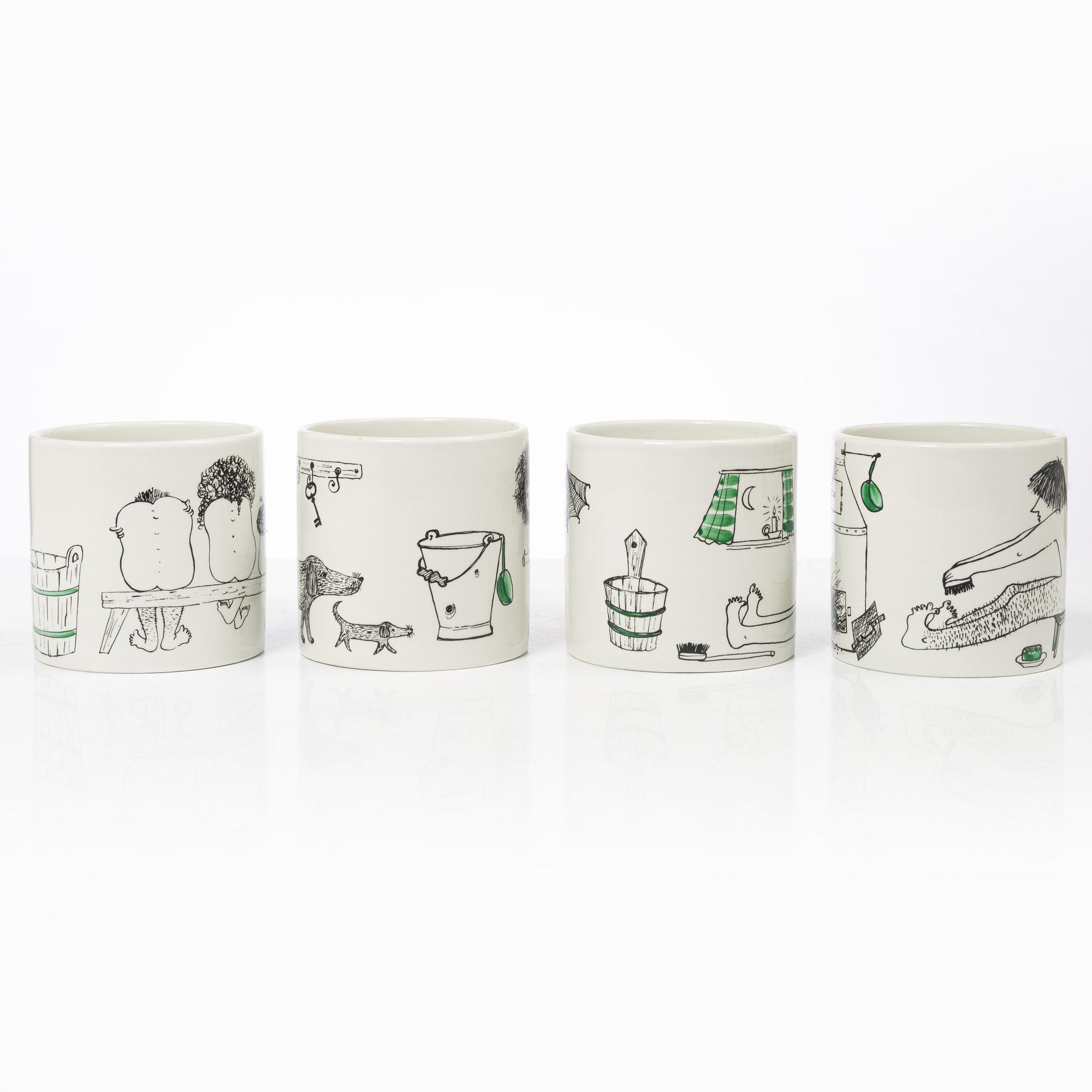 Gunvor Olin-Grönqvist, mugs, 4 pcs and a jug, Arabia, Finland, second half of the 20th century.