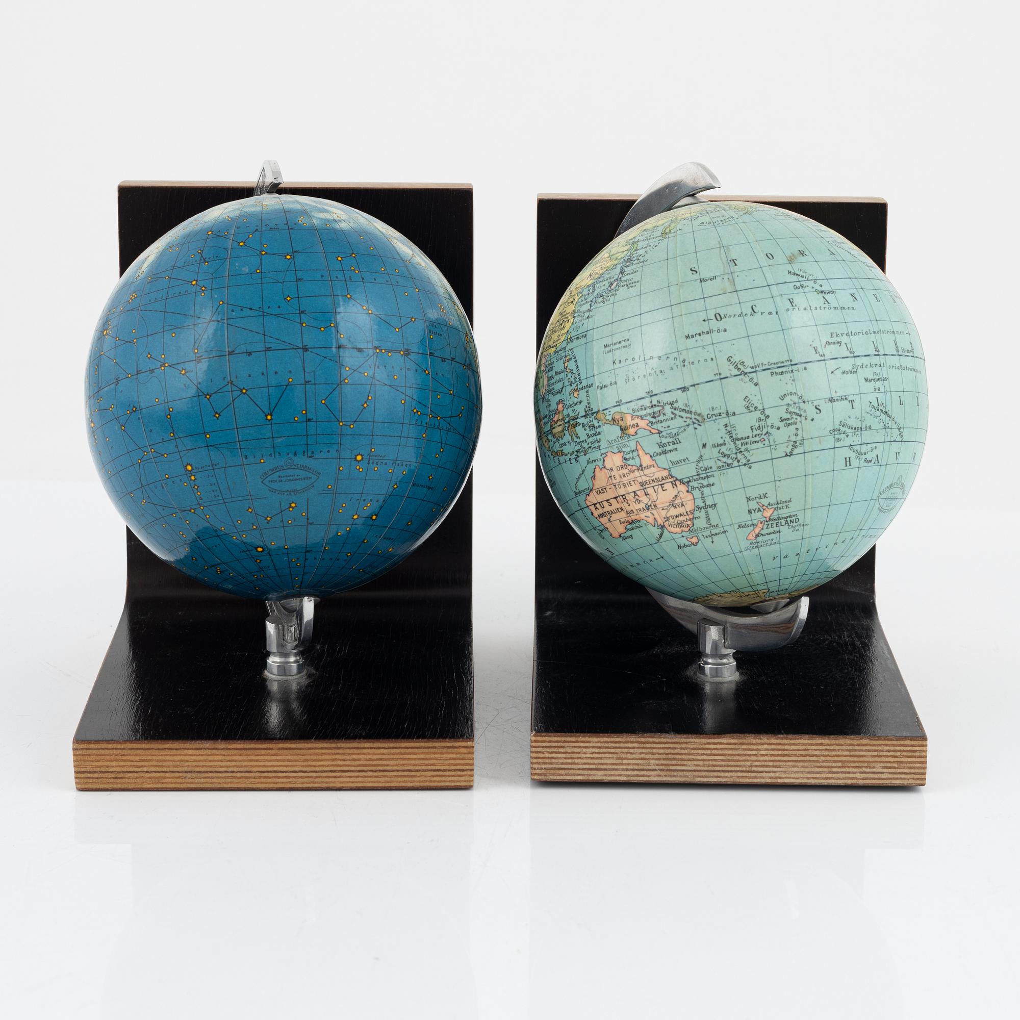 A pair of globe bookends by Columbus Jordglob, Dr Neuse, Stockholm.