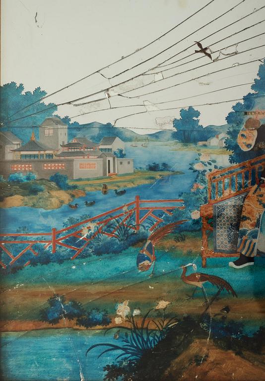 A Chinese Export mirror painting, Qing dynasty, 18th Century.