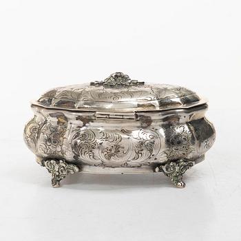 Sugar box, silver, Rococo style, Swedish import mark.