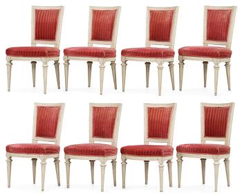 Seven matched Gustavian late 18th century chairs. Comprising also one later chair.