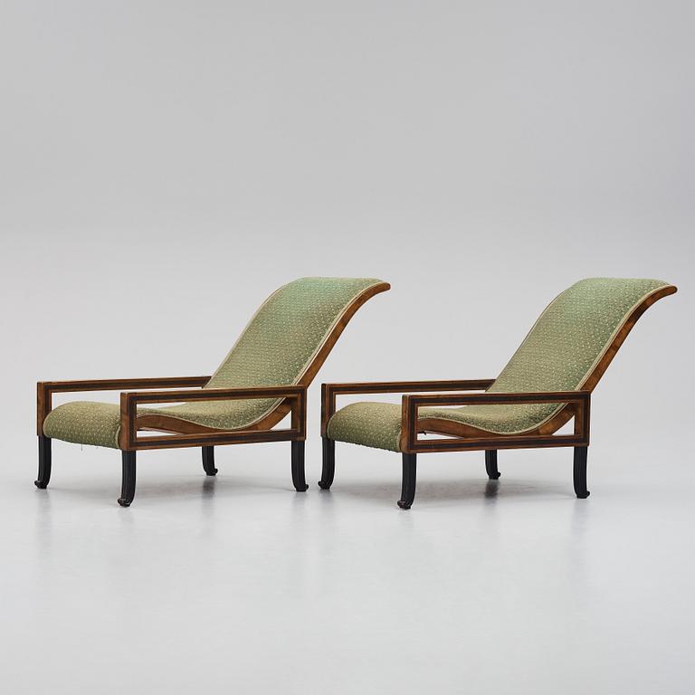 Carl Hörvik, a pair of mahogany-stained birch lounge chairs, Swedish Grace 1920s.