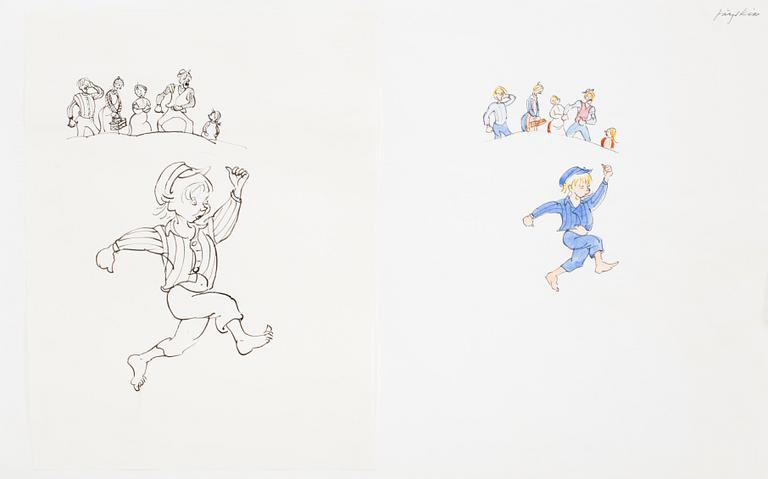 BJÖRN BERG, tuschteckning och akvarell på papper "Emil i Lönneberga".