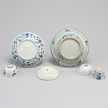 Three blue and white dishes, and three cups, Ming dynasty (1368-1644).