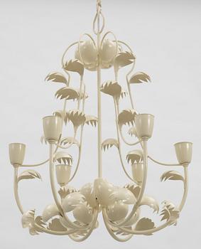 An white laqured brass ceiling lamp and a pair of wall lamps, by ateljé Lyktan, 1940's.