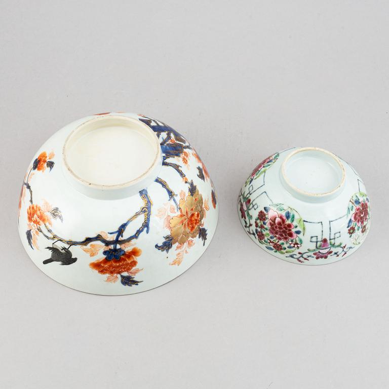 Two Chinese imari and famille rose porcelain bowls, Qing dynasty, 18th century.