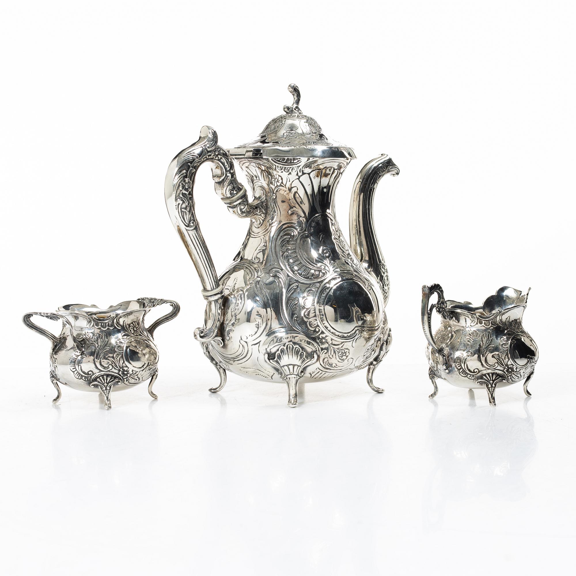 Coffee service, 3 pieces, silver, Rococo style, Gewe Silvervarufabriken Ab, Malmö 1976–78.
