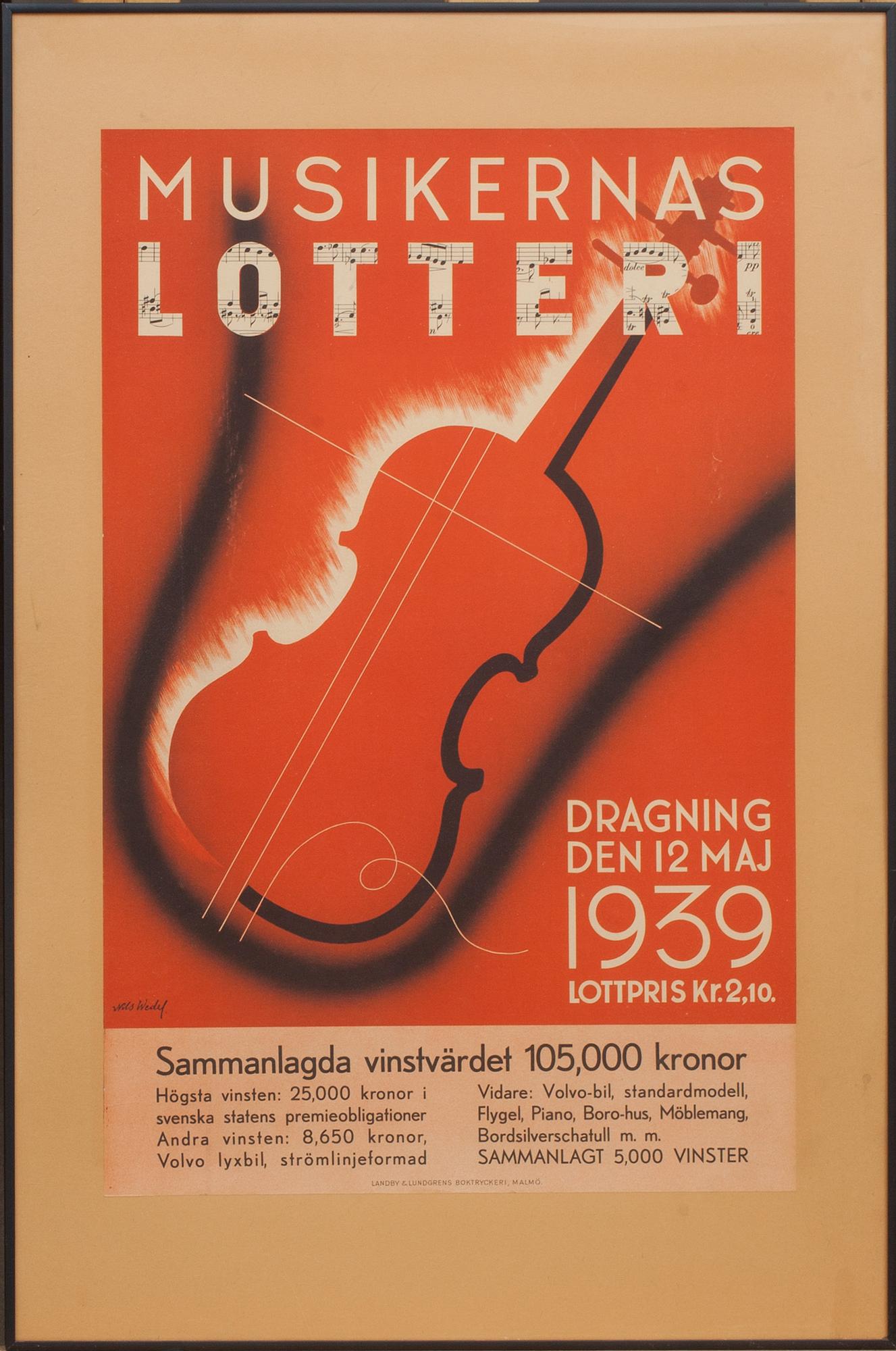 AFFISCH, Nils Wedel, efter. "Musikernas Lotteri" Bär datering 1939.