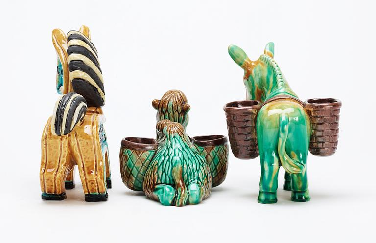 Three Gunnar Nylund stoneware figures, a horse, a donkey and a camel, Rörstrand.