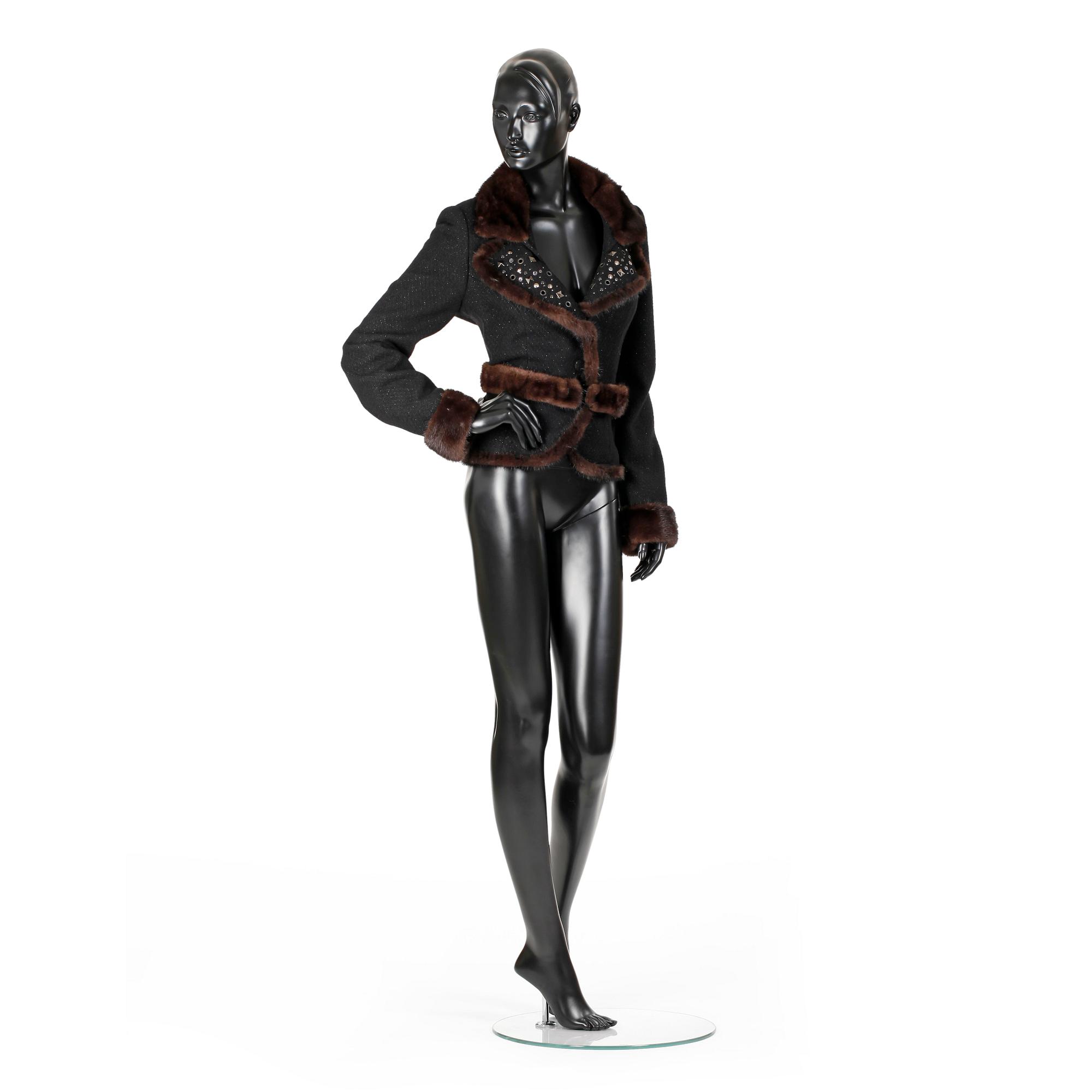 BLUMARINE, a black wool jacket with mink fur.