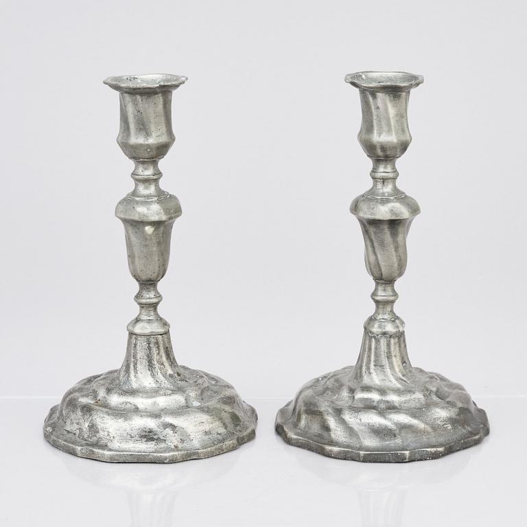 A pair of Rococo pewter candlesticks by B Ståhlström Kalmar 1762.