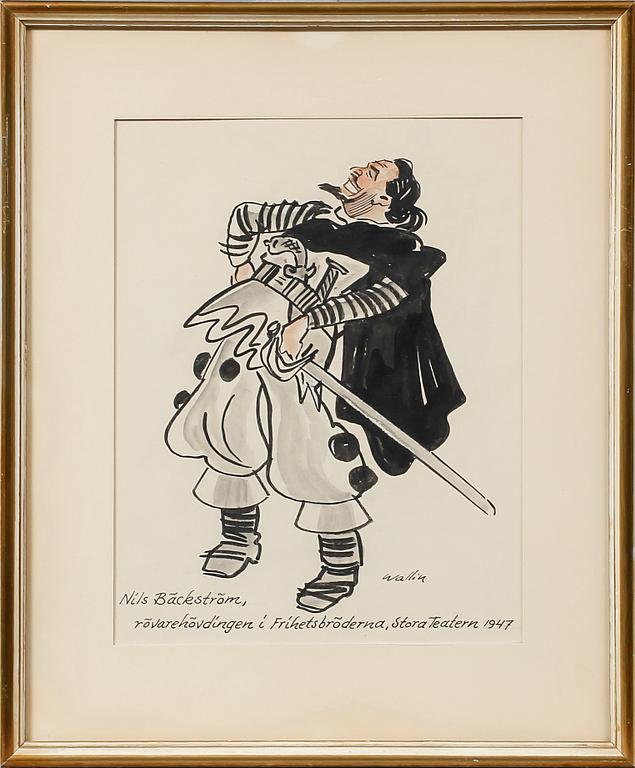 DRÄKTSKISSER, 7 st, blandteknik, signerade Wallin, delvis daterade, omkring 1900-talets mitt.