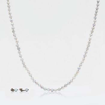 COLLIER samt ÖRHÄNGEN, 1+1, pärlor samt silver, svenska importstämplar, 1900-tal.