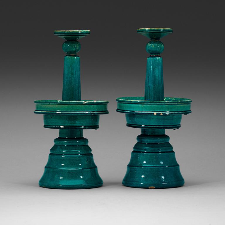 A pair of tukoise glazed alatar sticks, Qing dynasty, 19th Century.