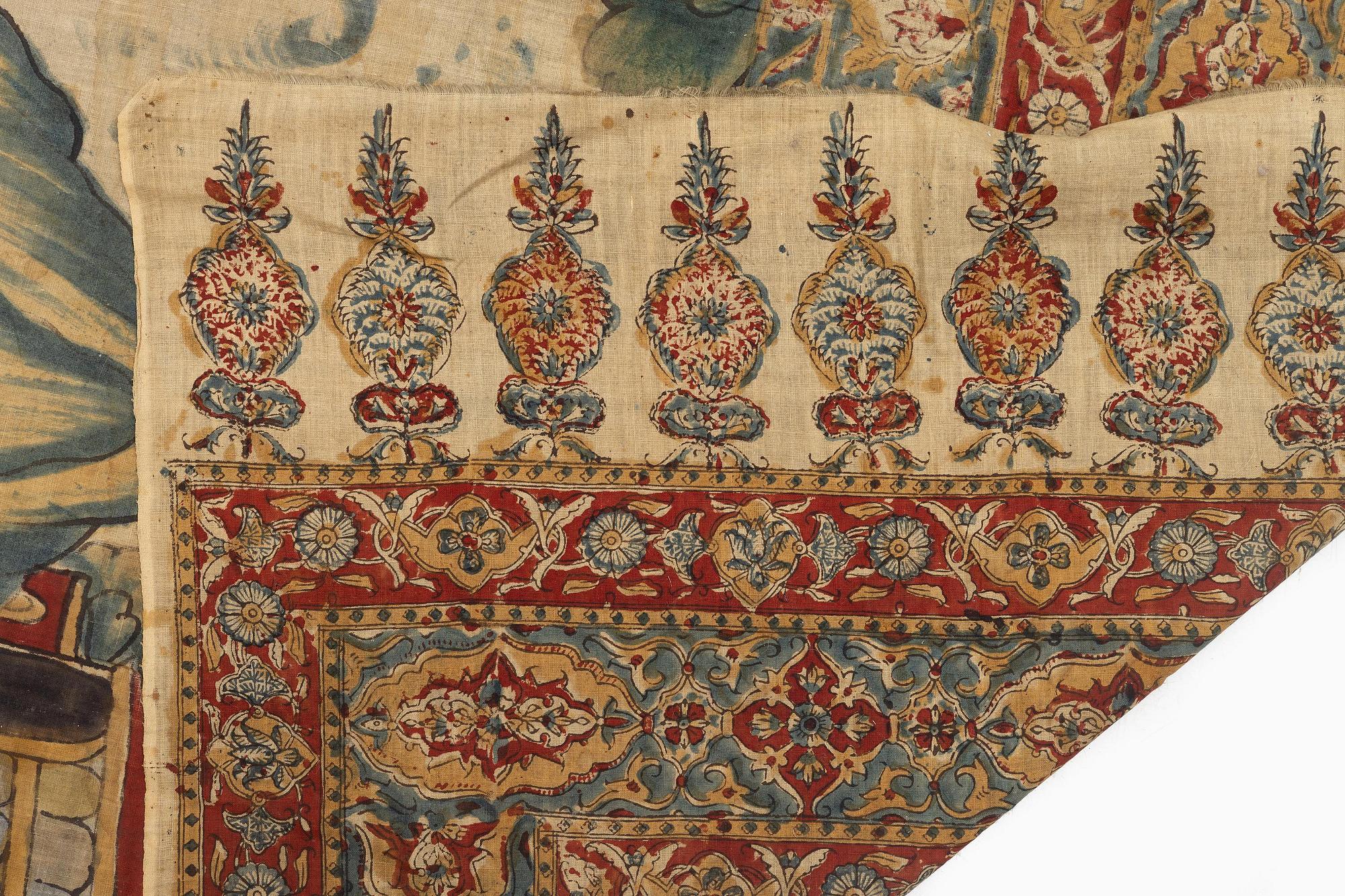 A pictoral painted textile panel (Kalamkari),  Isfahan, late Qajar dynasty (1789-1925), c. 242 x 119 cm.