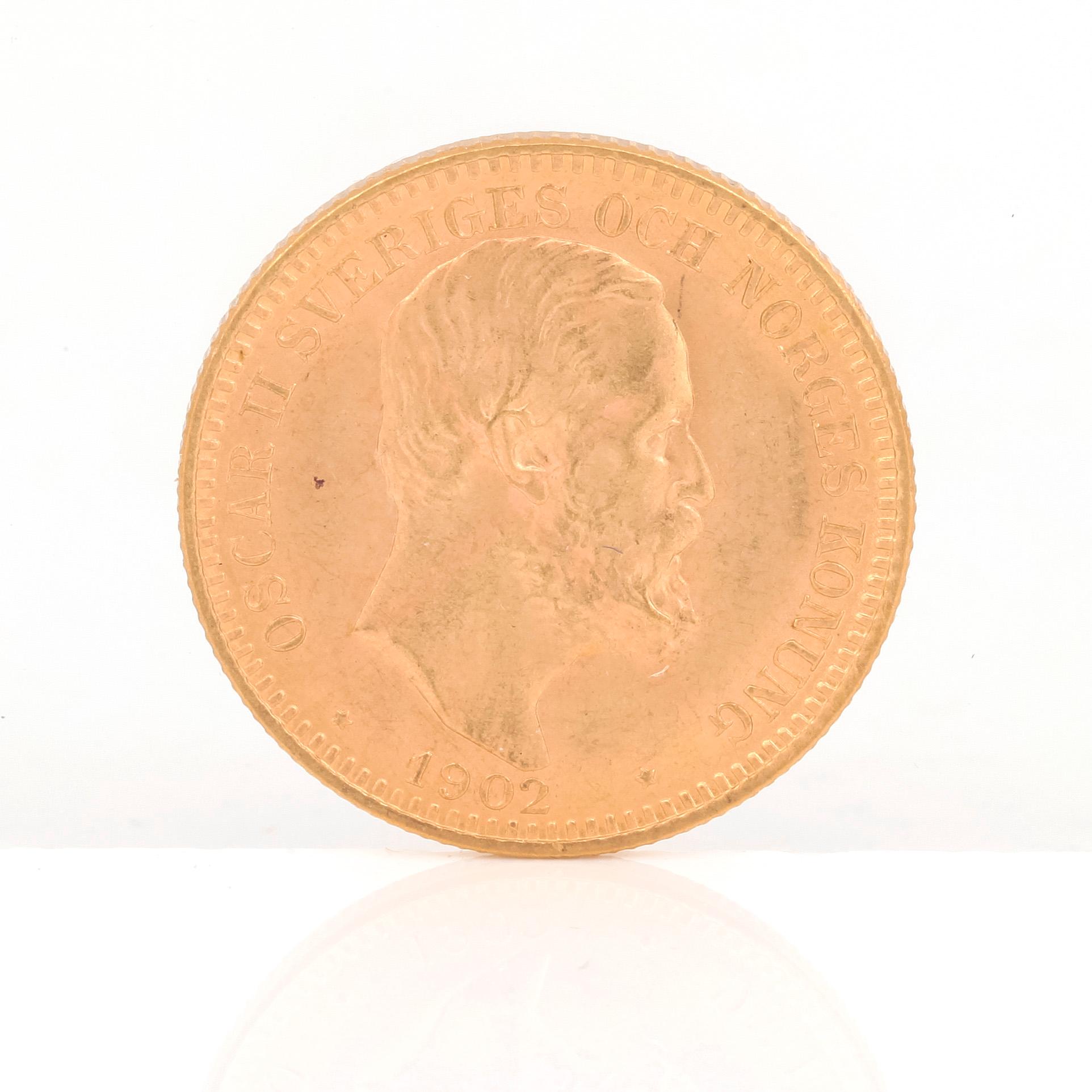 GULDMYNT, 20 kronor, Oscar II av Sverige och Norge 1902. Vikt ca 9 gram.