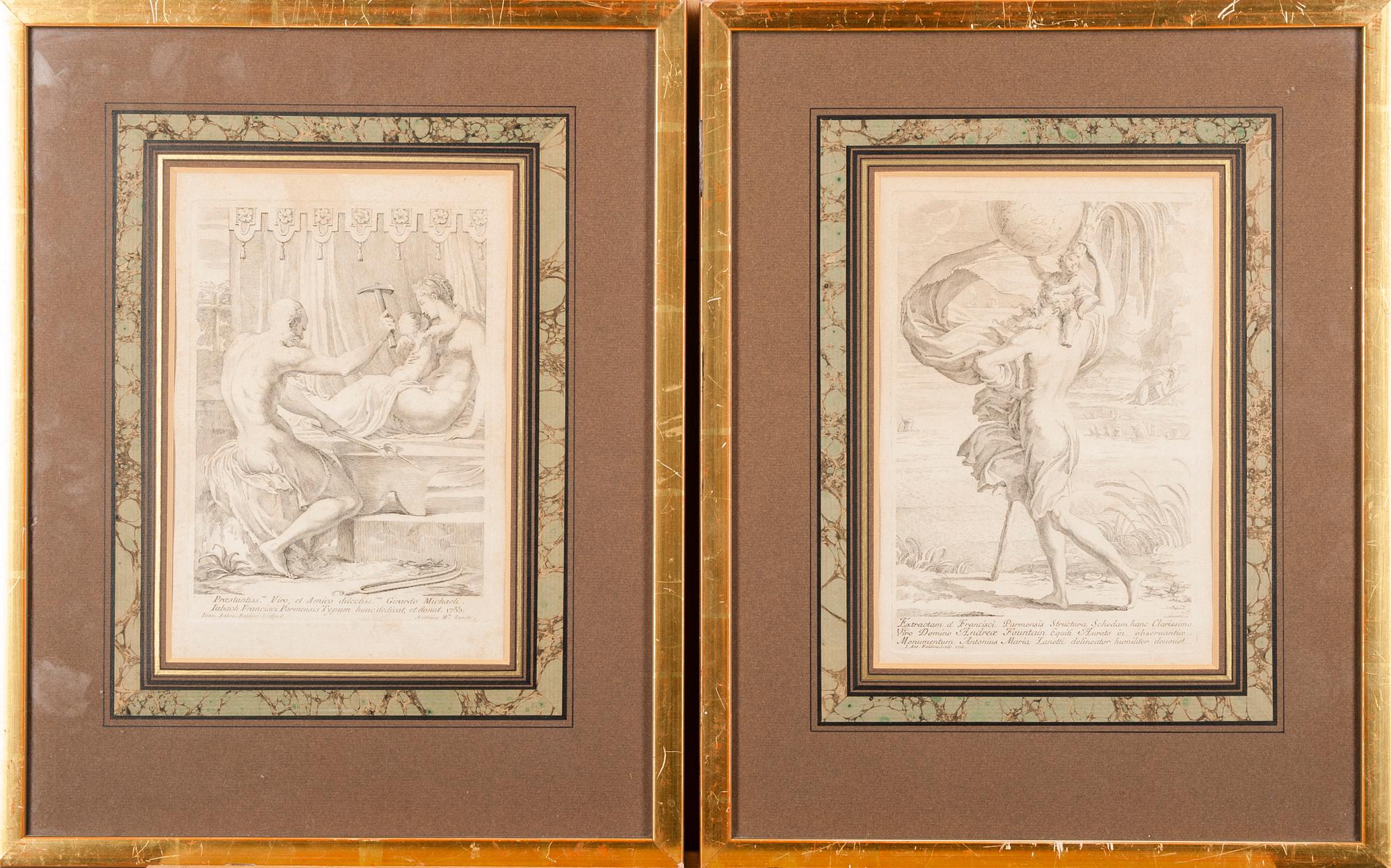 GRAVYRER, 2 st, kopparstick, efter Giovanni Antonio Faldoni, 1800-tal.