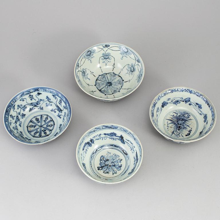 A group of five blue and white South East Asian ceramic bowls, 18th-20th Century.