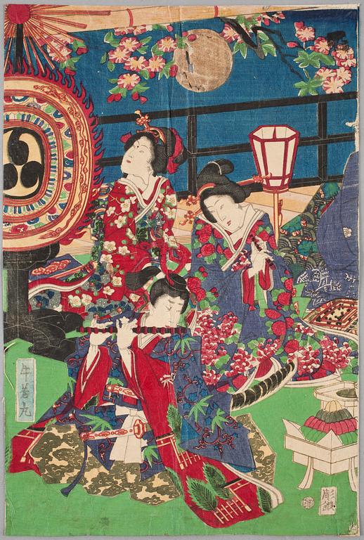 TRÄSNITT, 5 delar varav en triptyk, bland annat Toyokuni III Japan, 1800/1900-tal.