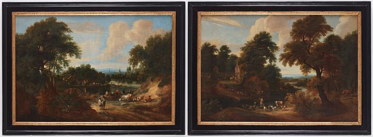 Gaspar de Witte Circle of, Extensive landscapes with figures beside a village, a pair.