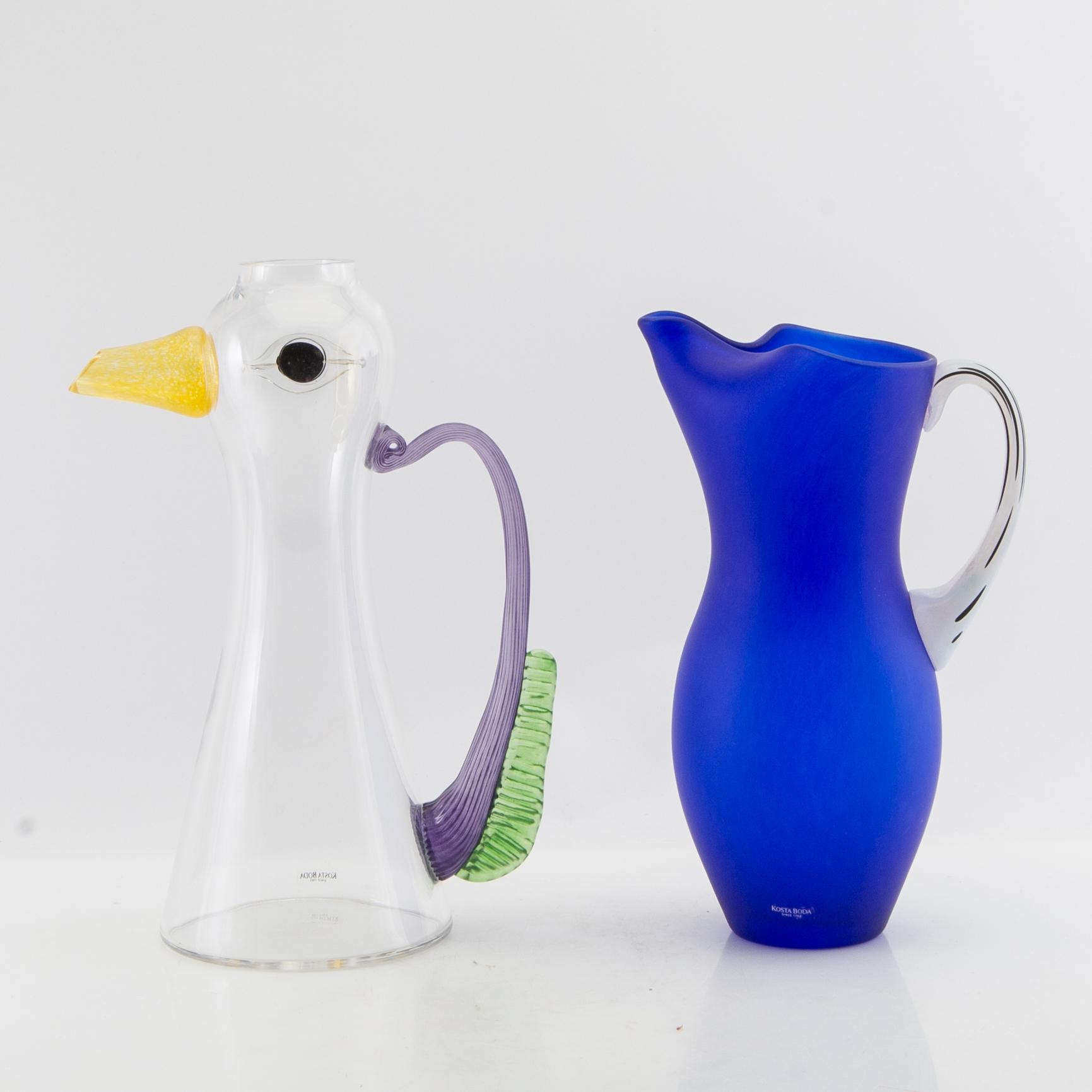 Kjell Engman and Gunnel Sahlin carafes 2 pcs Kosta Boda late 20th century.