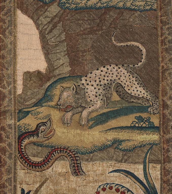 EMBROIDERY. Cross stitches and petit point. 267,5 x 162,5 cm. Probably England, around 1700.