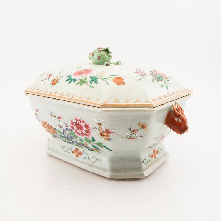 A Chinese famille rose tureen with cover and plate later part of the 18th century.
