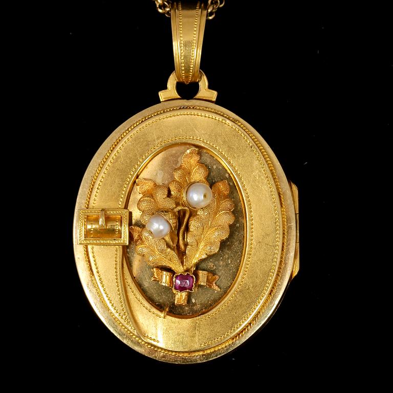 HÄNGE SAMT HALSKEDJA, 18k guld. 1800-talets andra hälft. Tot vikt 27g.