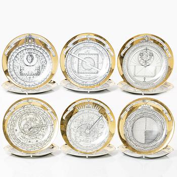 Piero Fornasetti, plates, 12 pcs, "Astro Labio", Milan, Italy porcelain.