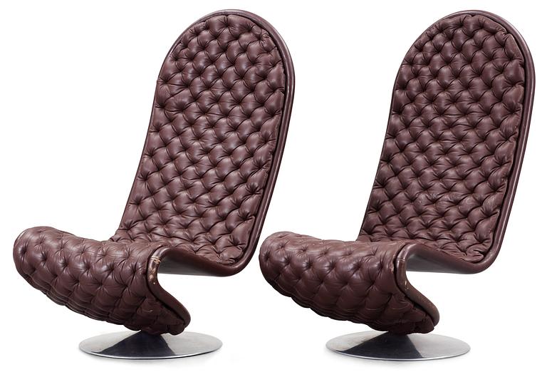 A pair of Verner Panton 'System 1-2-3 De Lux' brown leather easy chairs, Fritz Hansen, Denmark.