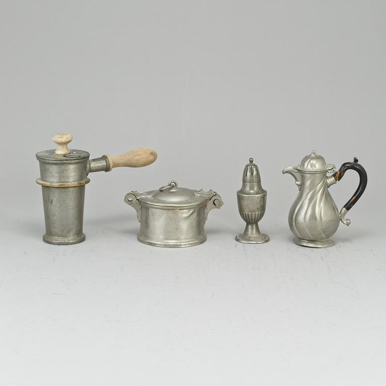 A pewter butter box, chocolate pot, sugar shaker and a canteen, one P Norén Hedemora 1766.