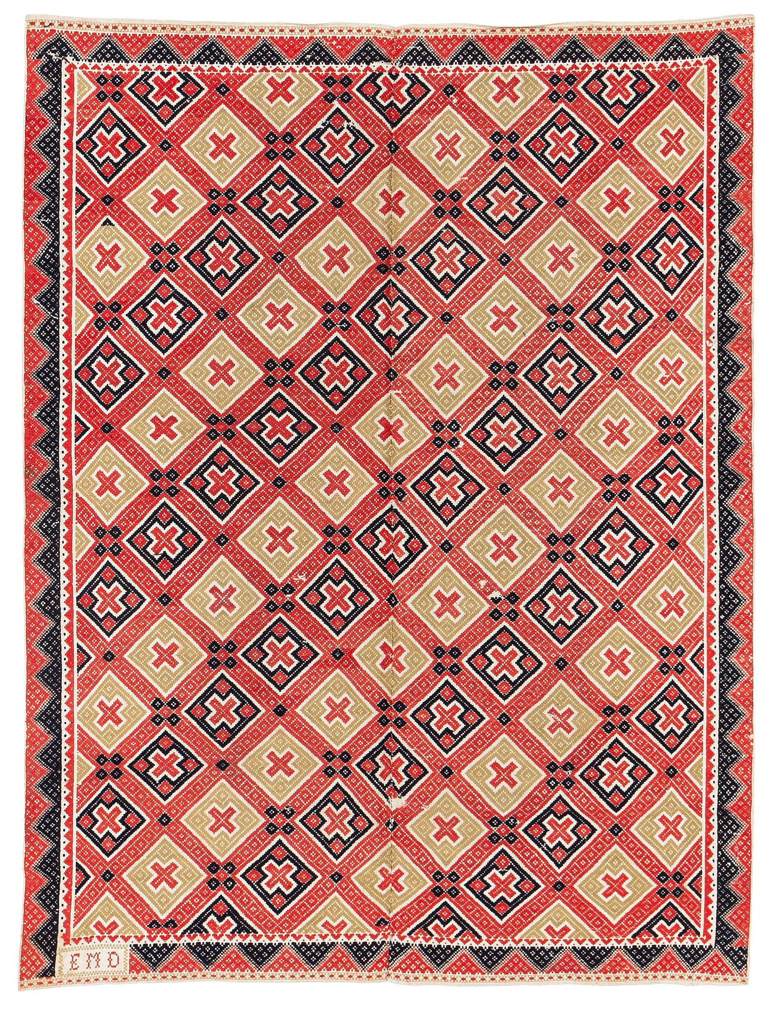 A bed cover, flat weave, c. 167 x 125 cm, Western Scania, signed EMD, early 19th century.