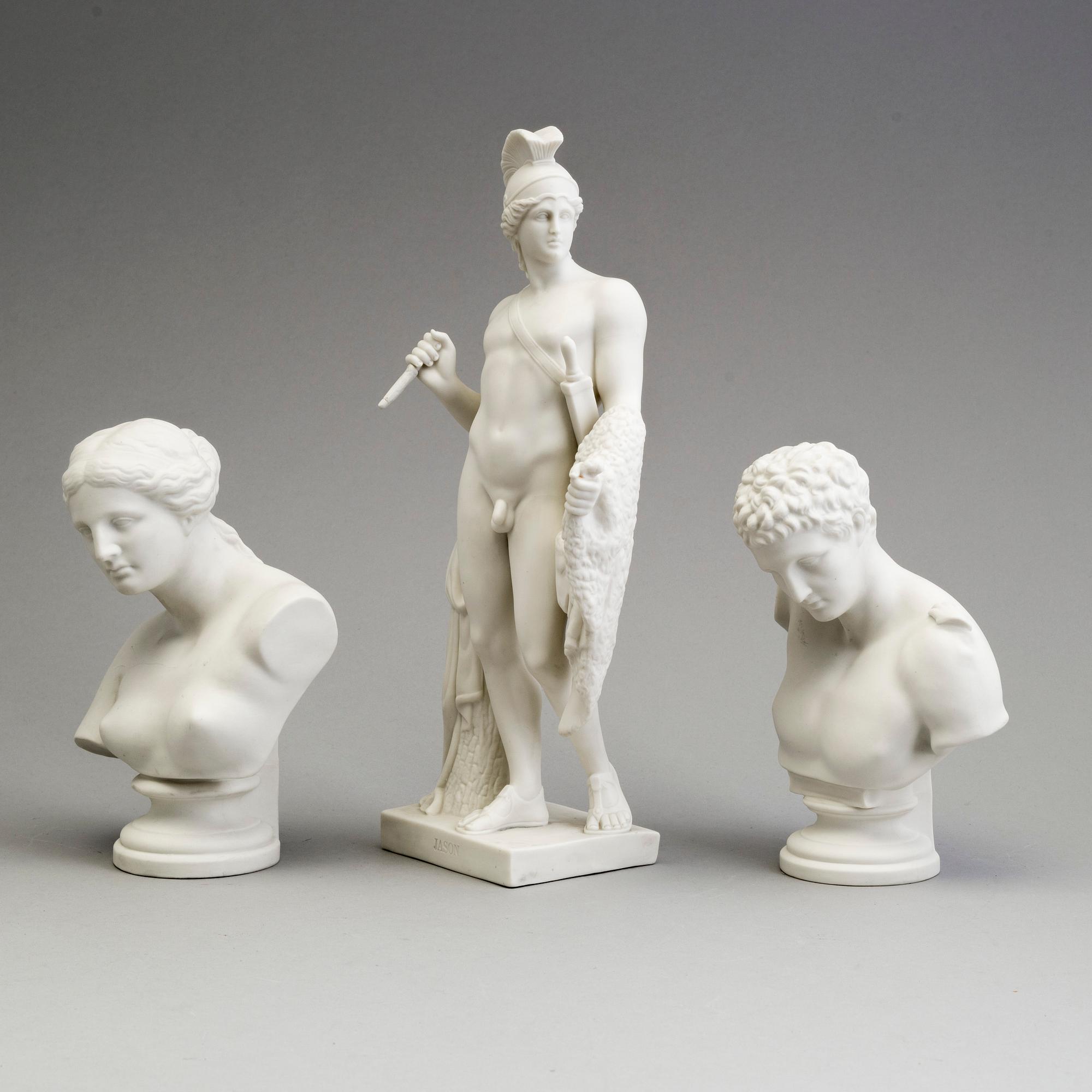 A PARIAN FIGURE AND A PAIR OF BUSTS, Gustafsberg ca 1900.