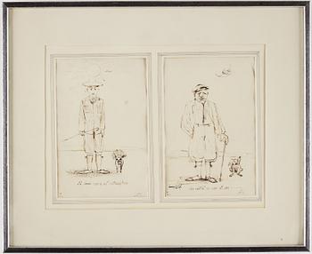 AXEL FRIDELL, indian ink drawings, 2, mounted in the same frame, signed AF with monogram. Executed circa 1929.