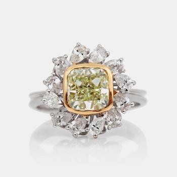 756. A natural fancy light yellow-green cushion-cut diamond, 2.11 cts, ring.