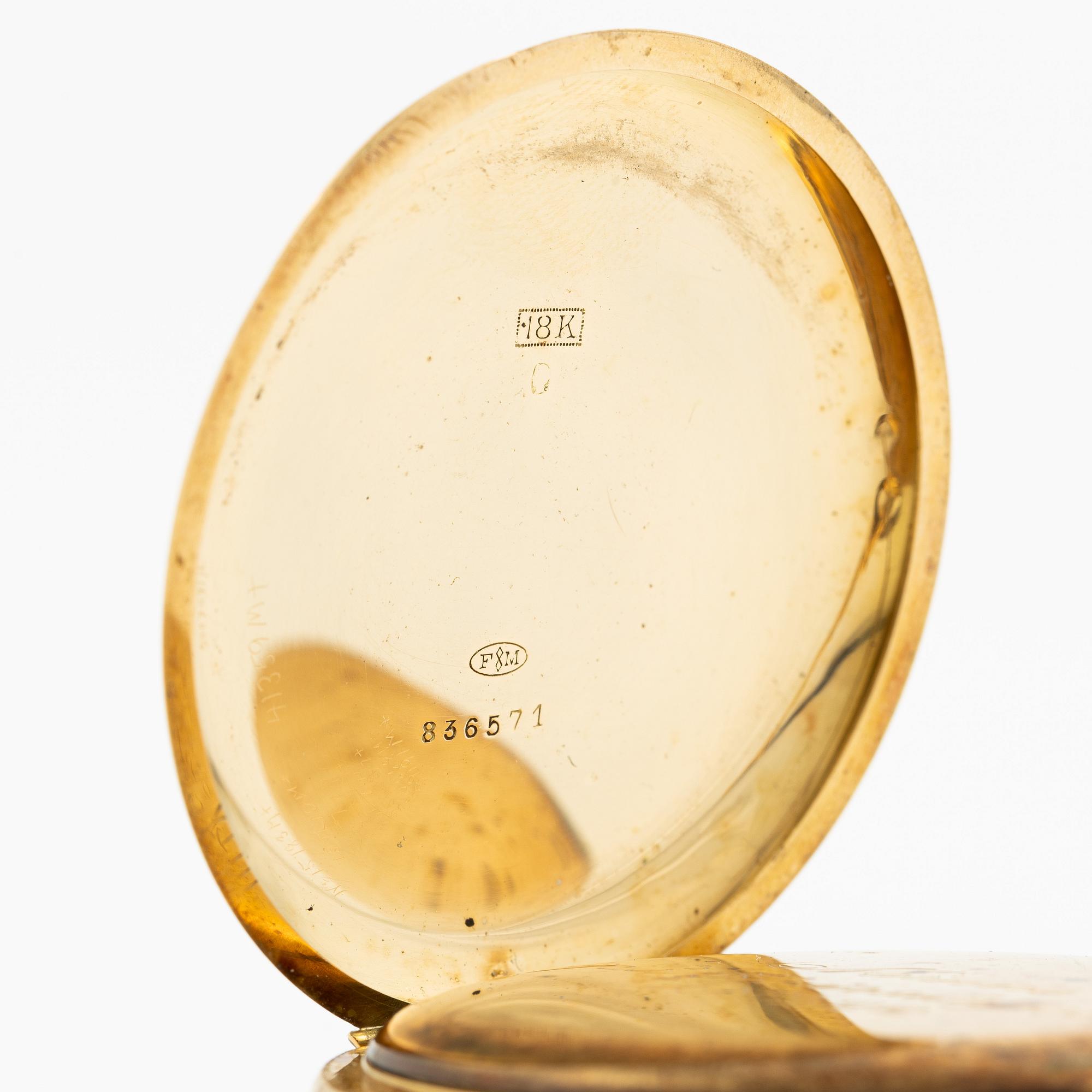 Pocket watch, hunter, 18K gold, chain 18K gold, 55 mm.