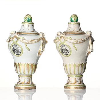 A pair of rare neo-classical enamelled 'Chinese Export' vases with covers, Qing dynasty, Qianlong, circa 1790.