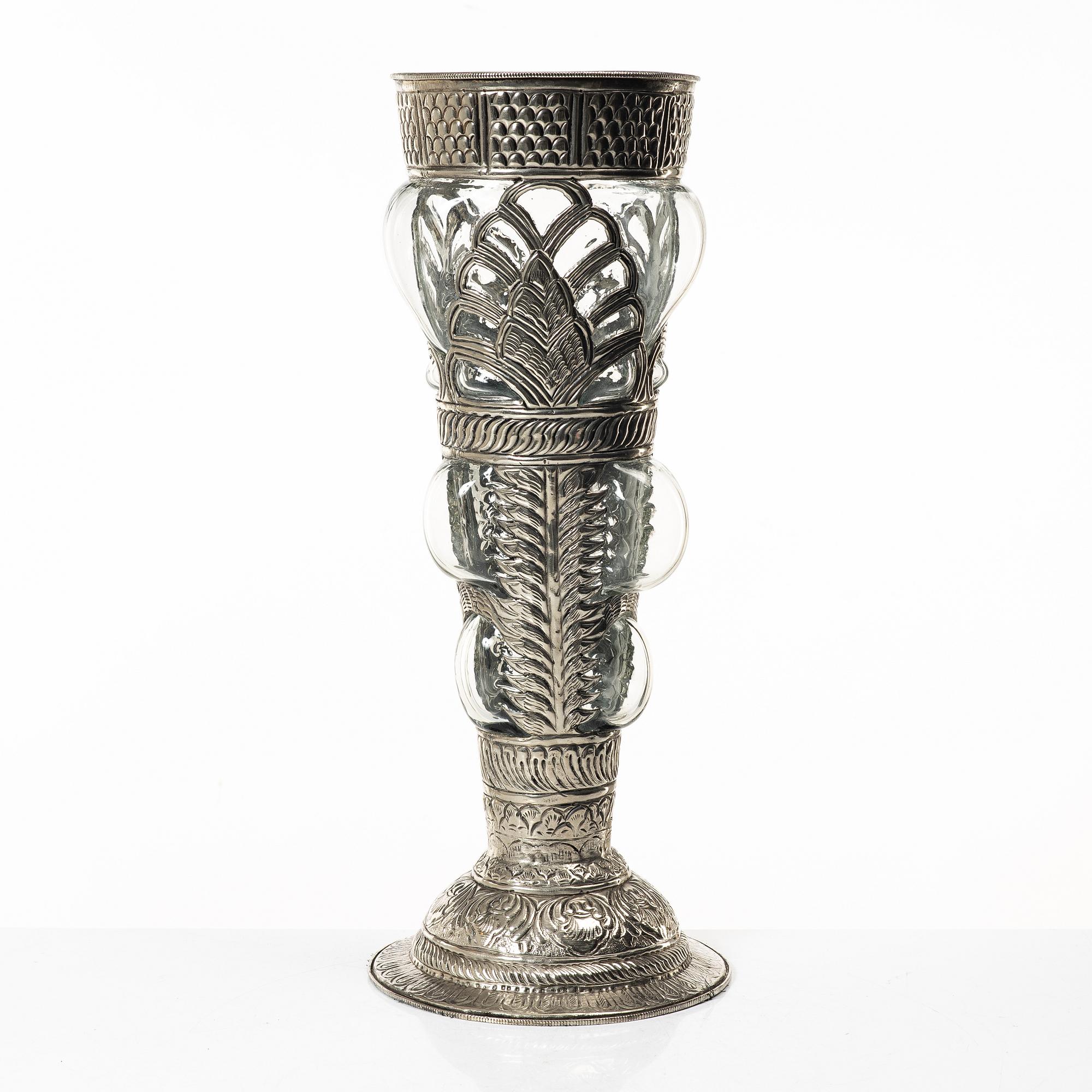 Vase, glass, and white metal, unmarked, 20th century.