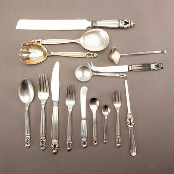 Johan Rohde, a set of 79 pcs of "Konge/Acorn" sterling silver flatware, maker's mark Georg Jensen, Copenhagen post 1945.