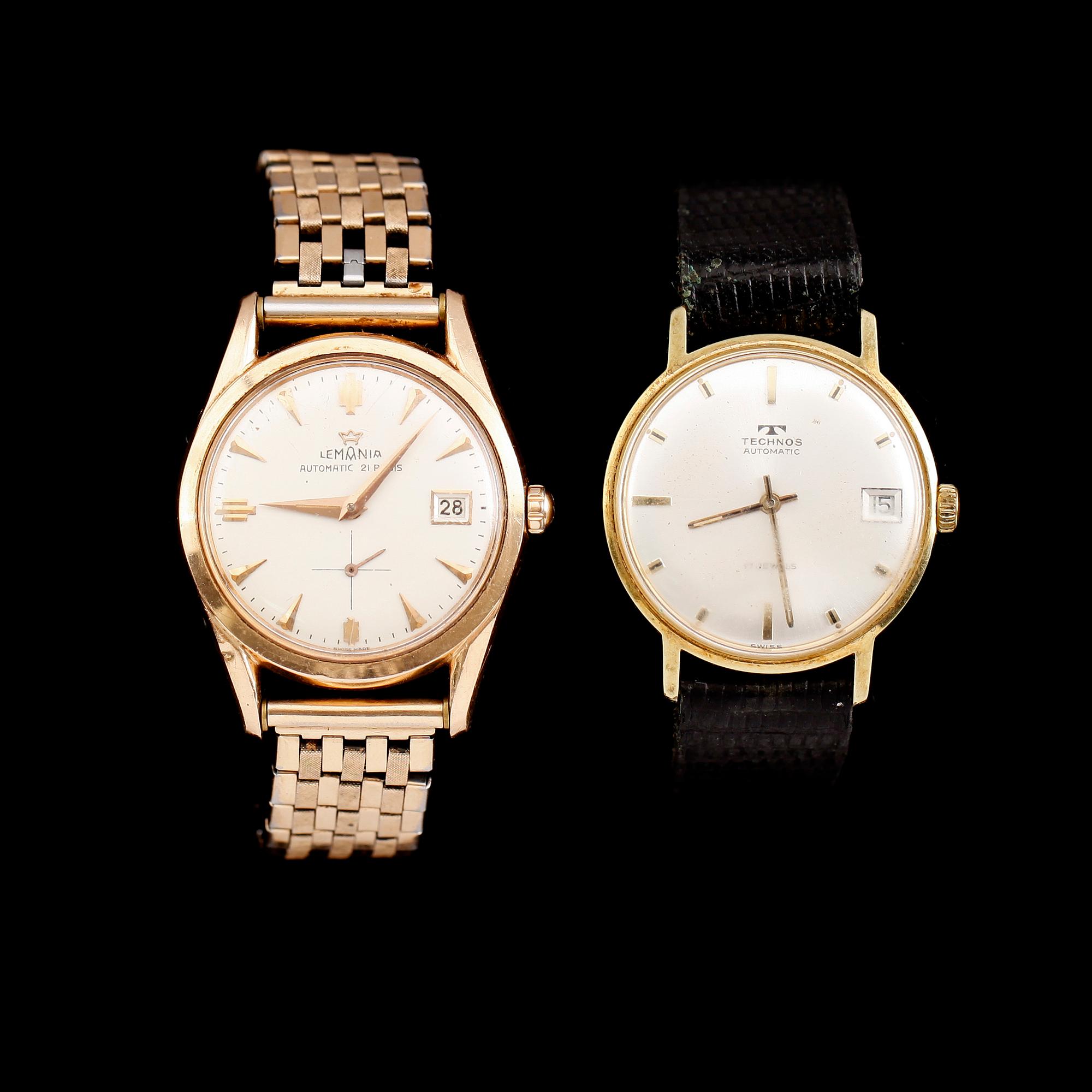 ARMBANDSUR, 2 st, guld på stål, Lemania Automatic samt Technos Automatic.