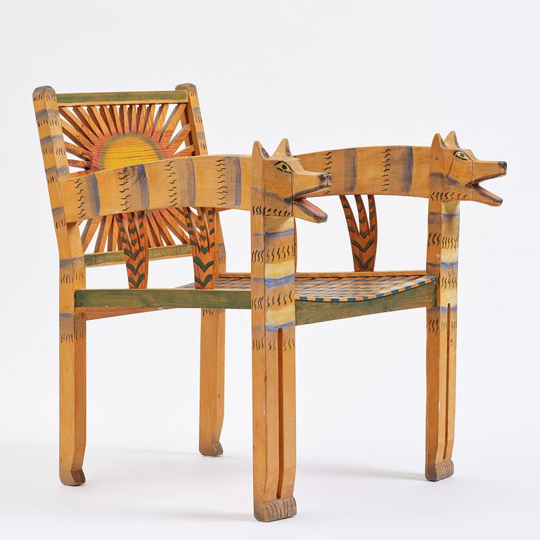 Gérard Rigot, a sculpted and painted oak chair, exectued in his studio, France, second half of the 20th century.