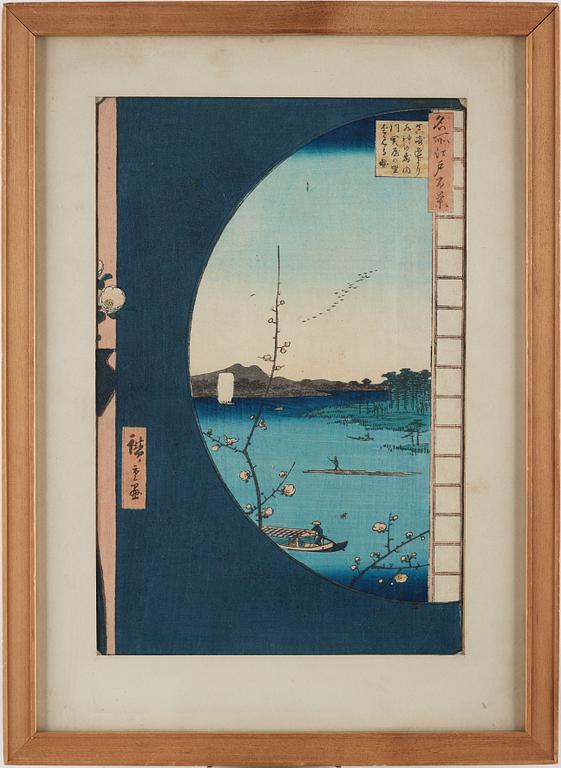 UTAGAWA HIROSHIGE (1797-1858), efter, färgträsnitt. Japan, från "Susaki Hen-yori Suijin no Mori, Uchikawa" 1800-tal.