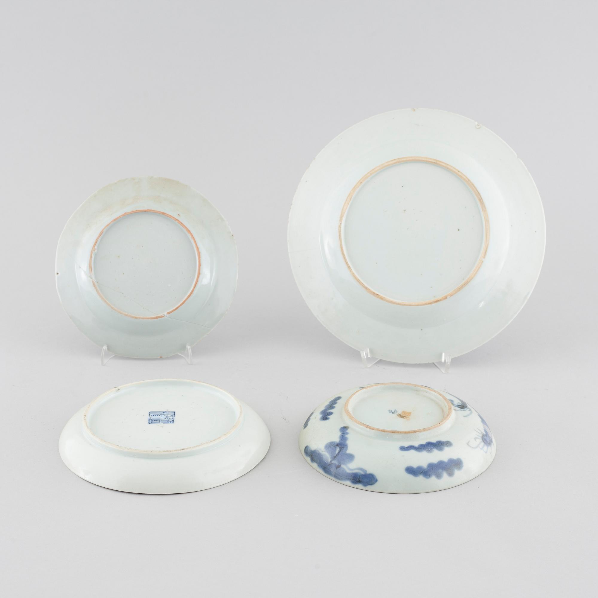 Three small plates and one plate in blue and white, Qing dynasty, 18th and 19th cenutry.