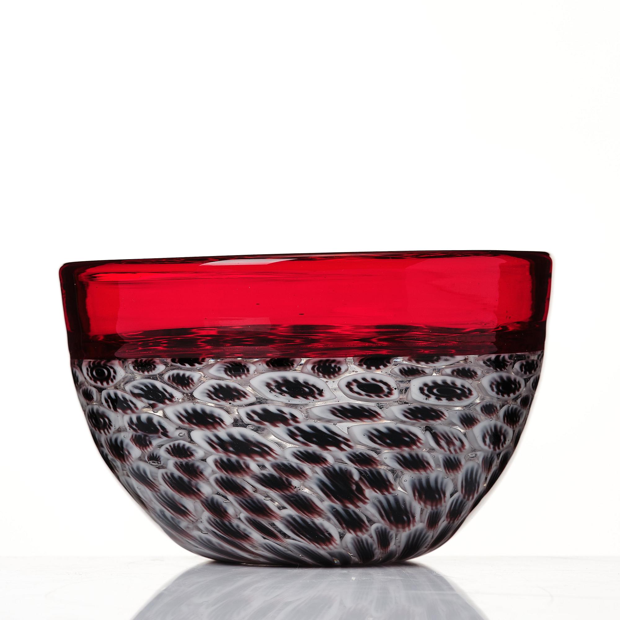 Riccardo Licata, a red glass "lattimo and black wheel murrine" bowl, model 3613, Venini, Murano, Italy, probably 1950's.
