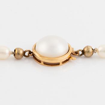 Cultured freshwater pearl necklace, with navette cut diamond and brilliant cut diamonds.